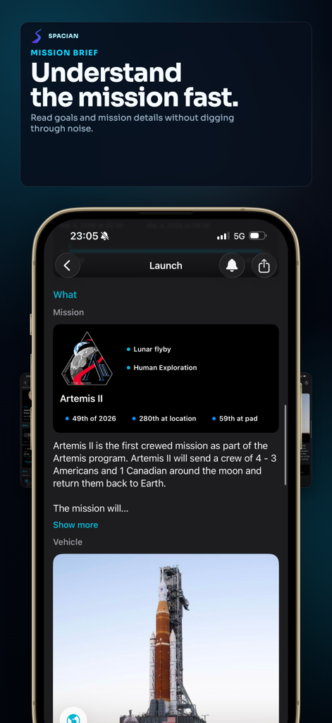 Spacian: Rocket Launch Tracker - Pantalla de iPhone que muestra los detalles de la misión Spacian para el sobrevuelo lunar Artemis II, incluida la imagen del cohete y la descripción de la misión.