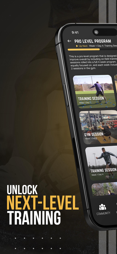 NSP Soccer Training - NSP Soccer Training app interface showing professional field and gym training sessions
