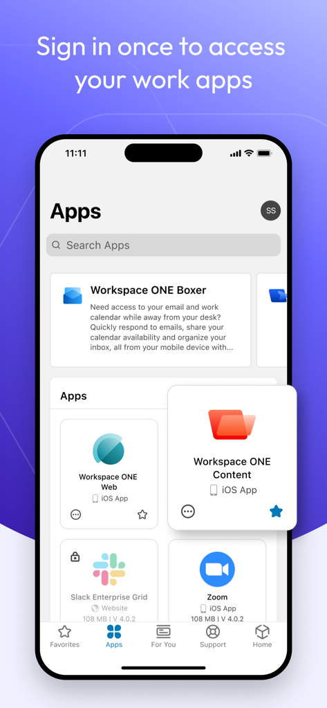 Intelligent Hub - A mobile screen showing the Intelligent Hub app catalog with various corporate applications like Slack and Zoom.
