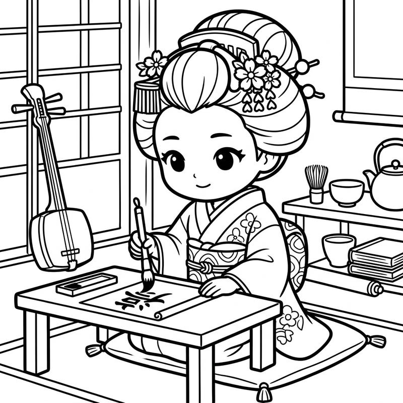 Immerse your child in the beautiful world of Japanese tradition with this charming maiko apprentice coloring page. Watch them practice calligraphy and explore cultural elements designed specifically for young artists.