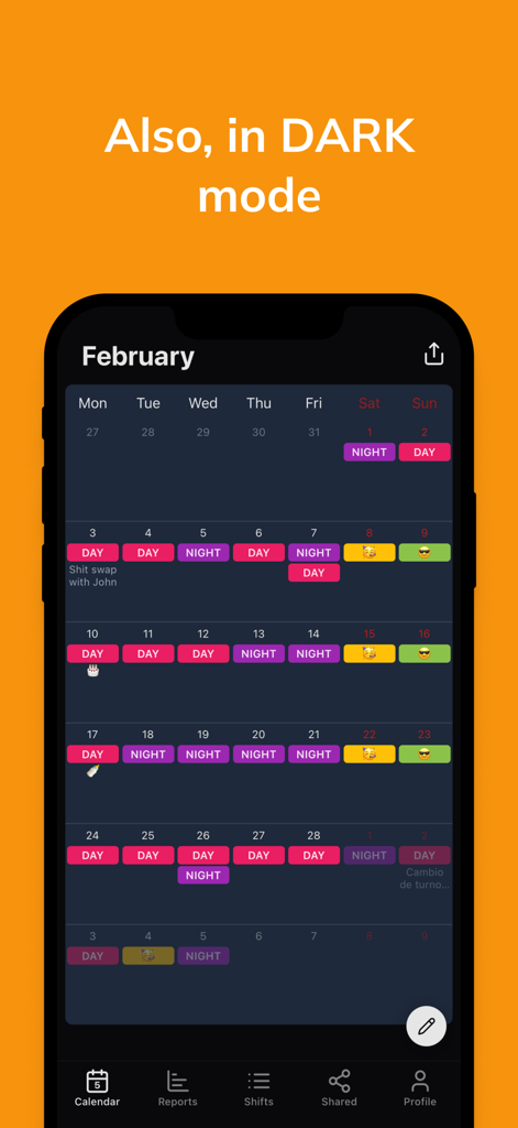Shifts Calendar (Shifty) - Shifty app monthly work schedule calendar view in dark mode