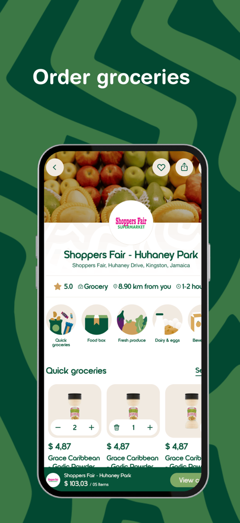 GroceryList Jamaica app screen for ordering groceries from Shoppers Fair Supermarket