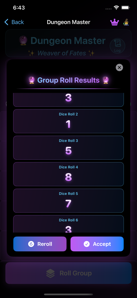 A mobile app screenshot showing group dice roll results for a tabletop game with options to reroll or accept.