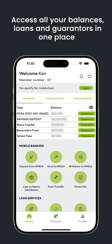 n-kash - Pantalla de inicio de la aplicación n-kash mostrando saldos de cuenta y servicios de banca móvil para miembros de Sacco