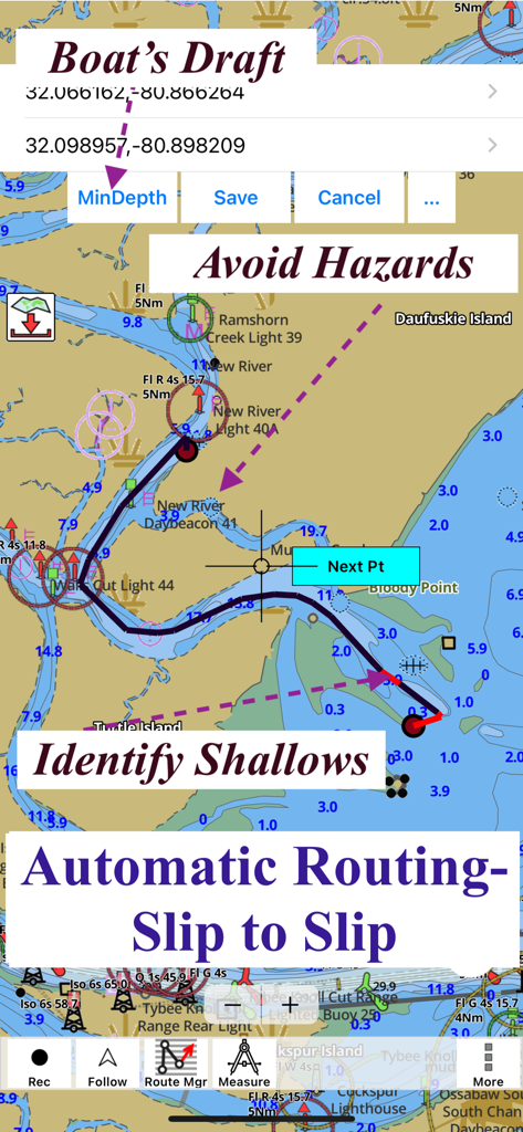 i-Boating marine navigation app interface showing automatic slip-to-slip routing and hazard avoidance on a detailed nautical chart.
