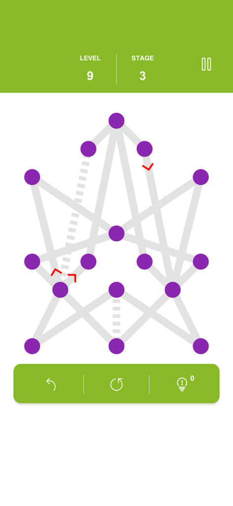 One Line - Offline Games - A gameplay screenshot of One Line Offline Games showing a complex logic puzzle with purple dots and grey connecting lines on a green and white background.