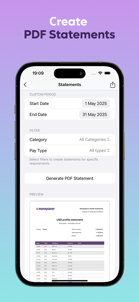 MoneySaver: Budget Planner App - MoneySaver app interface for generating and previewing custom PDF financial statements