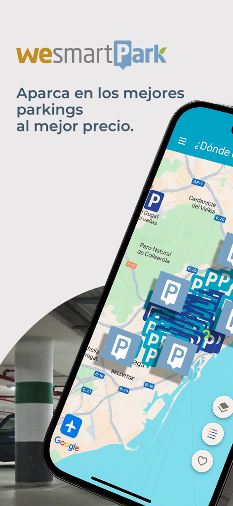 Smartphone mostrando la app wesmartPark con múltiples ubicaciones de aparcamiento en un mapa