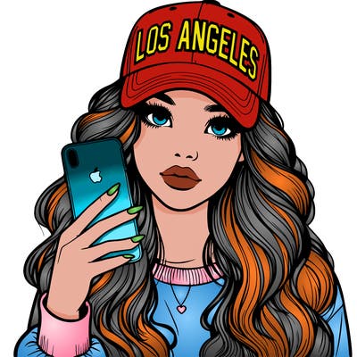 realistic beautiful girl wearing los ángeles cap holding an iphone