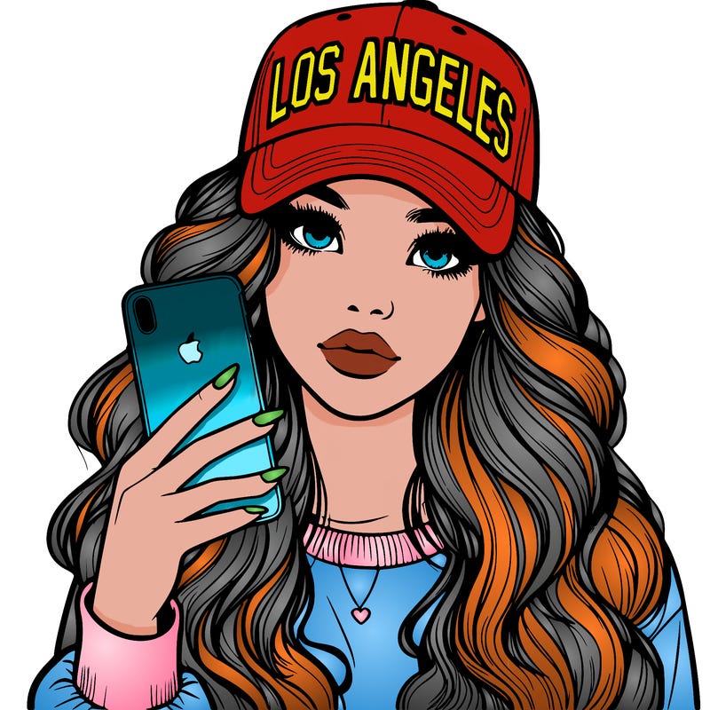 realistic beautiful girl wearing los ángeles cap holding an iphone
