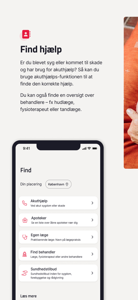 MinSundhed - MinSundhed app screen showing options to find emergency help pharmacies and doctors.