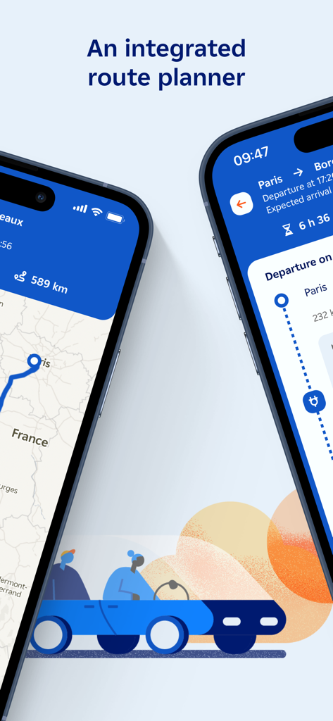 Mobile screens of the IZIVIA app showing an integrated route planner for electric car charging in France