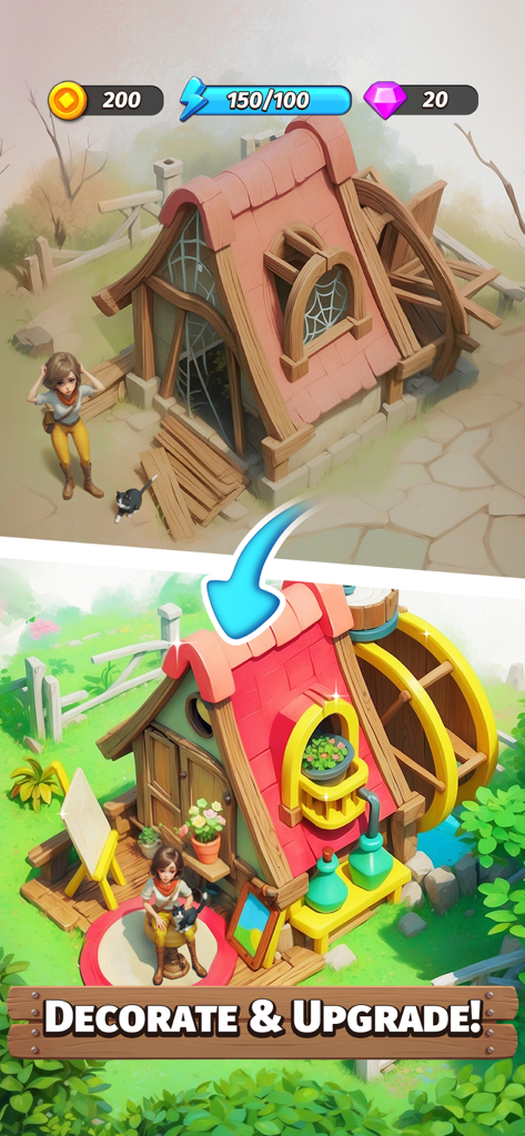 A before and after comparison of a building being renovated and decorated in Legendale Adventure Island