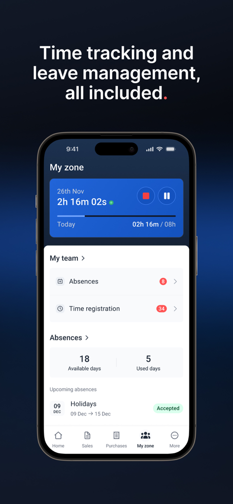 Interfaz de la aplicación Holded mostrando funciones de seguimiento de tiempo y gestión de ausencias.