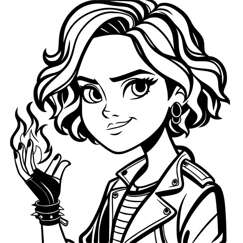 a teenage girl with short wavy hair, a smirk, fingerless gloves, black nails, leather jacket and a flame in her palm, descendants