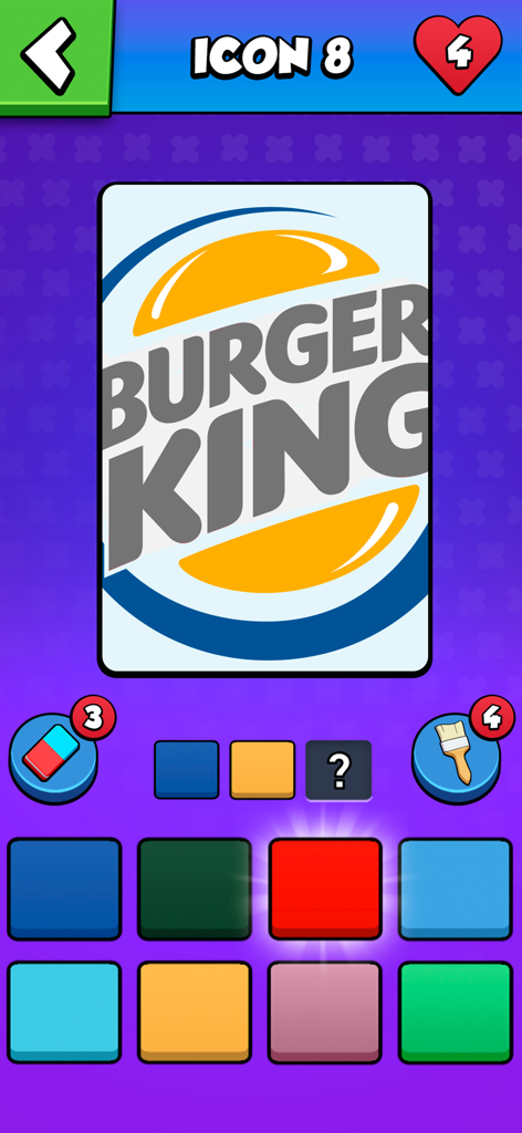 Colormania - Guess the Colors - Gameplay screenshot showing a Burger King logo trivia level in the Colormania app.