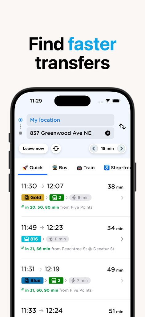Atlanta Transit app screen showing MARTA trip planning and faster transfer options for bus and train routes.