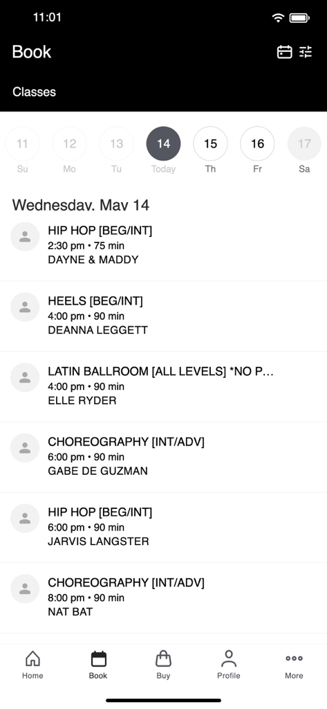 Playground LA - A mobile screen showing the dance class booking schedule for Playground LA including hip hop and choreography classes.