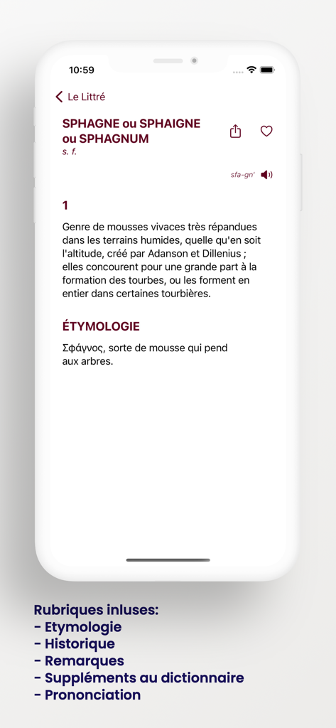 Le Littre辞書アプリのスクリーンショット。単語の語源と定義を表示。