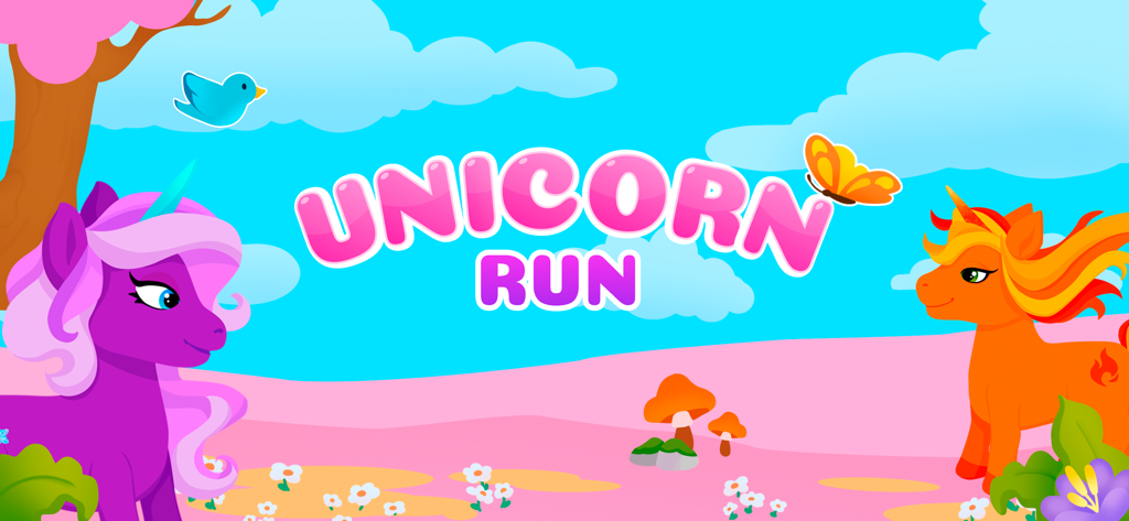 Unicorn Run Kids Games 0+ - Colorful title screen of Unicorn Run game featuring a purple and an orange unicorn in a magical landscape.