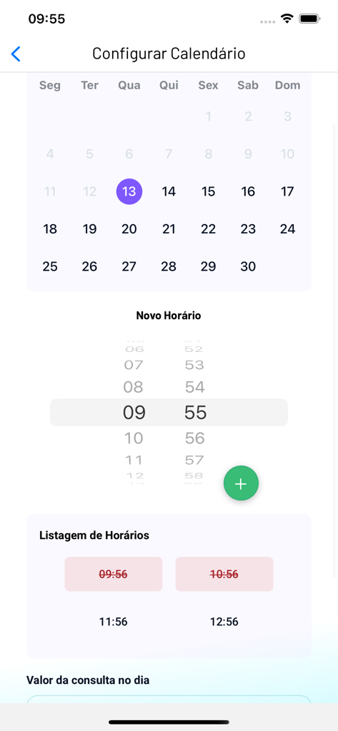 Doctor Link - Mobile interface showing calendar configuration and appointment scheduling for healthcare professionals.