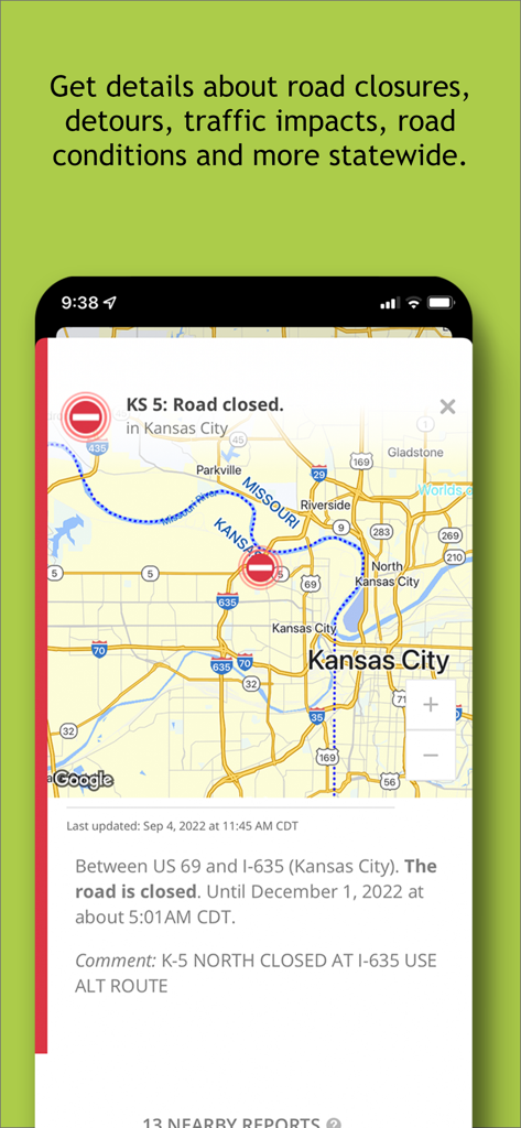 Capture d'écran de l'application KanDrive montrant une alerte de fermeture de route et un itinéraire de déviation à Kansas City.