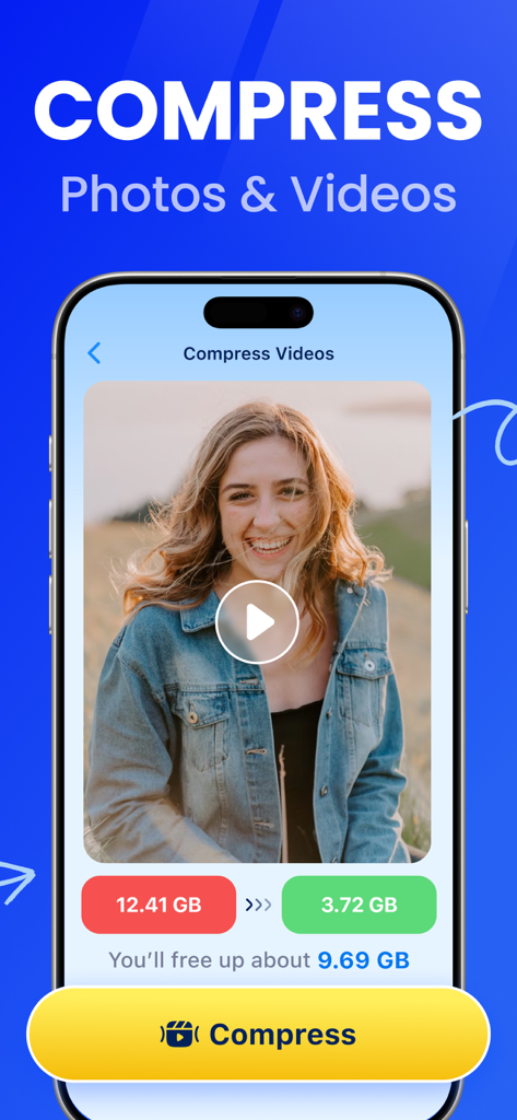 CleanCraft: Clean Up Storage - CleanCraftアプリ。12.41GBのファイルを3.72GBに圧縮してストレージスペースを解放するビデオ圧縮機能が表示されています。