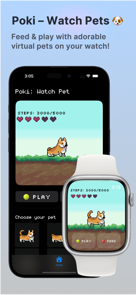 poki - virtual watch pet - Interfaz de la aplicación Poki en iPhone y Apple Watch mostrando un corgi de pixel art y el progreso del fitness
