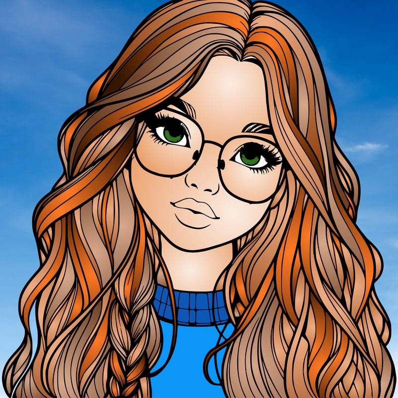 girl with long hair and freckles and glasses realistic
