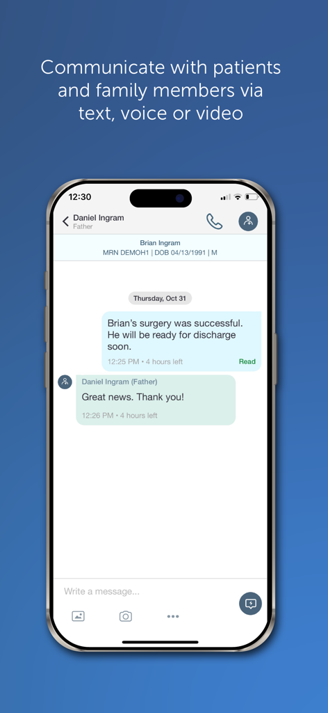 TigerConnect mobile app interface showing secure communication with a patient's family member.