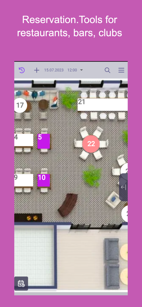 Digitaler Grundriss und Sitzplan-Interface zur Verwaltung von Restaurantreservierungen.