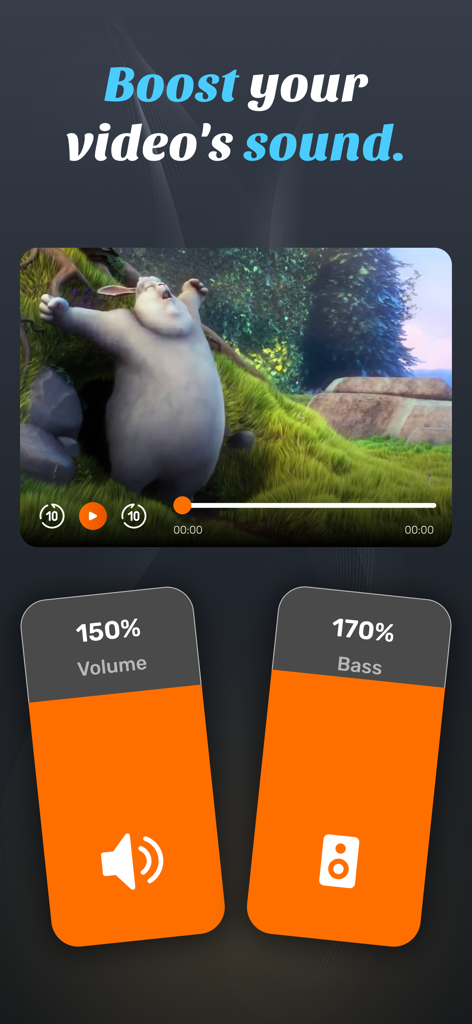 Ai Volume booster - Interface of the Ai Volume booster app showing volume boosted to 150 percent and bass to 170 percent for a video