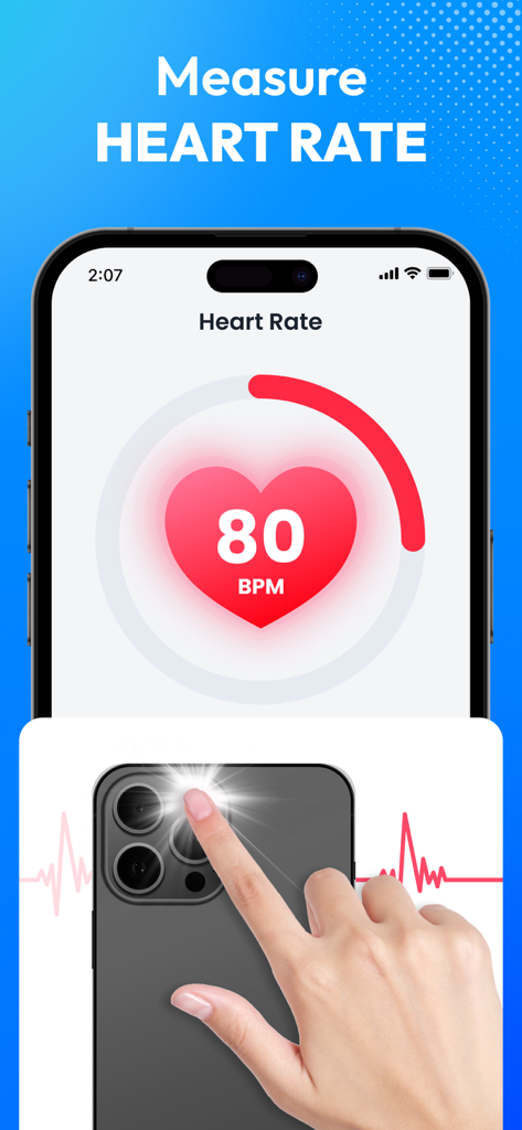 Interfaz de aplicación de smartphone que muestra una medición de frecuencia cardíaca de 80 BPM con un dedo sobre la lente de la cámara