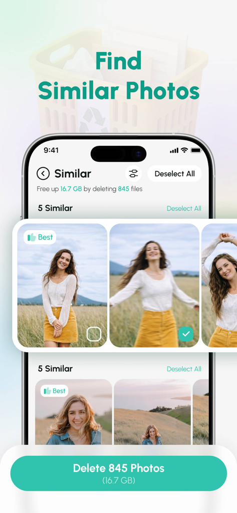 AI Cleaner screen showing how to find and delete similar photos to free up storage.