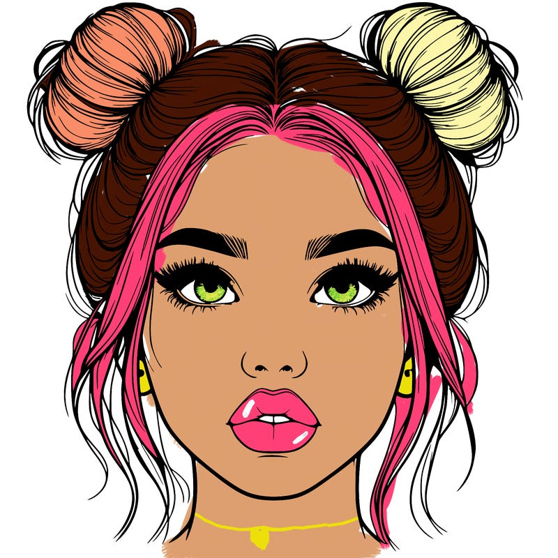 realistic girl with two buns on her hair and lips