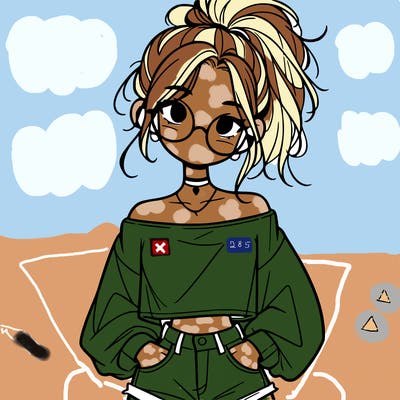 girl with a messy ponytail glasses a baggy crop top and jean shorts