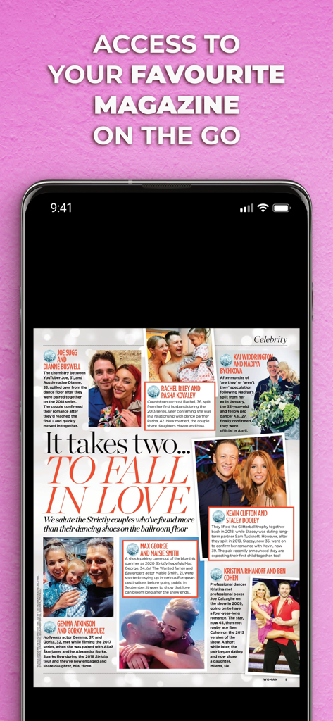 Woman Magazine - La aplicación digital Woman Magazine mostrando noticias de celebridades en un teléfono móvil