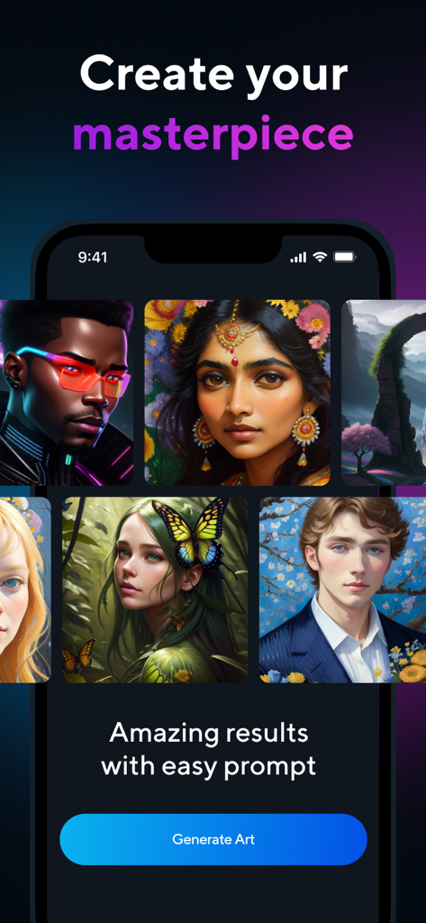 「傑作を作成」というテキストとともに、さまざまなAI生成ポートレートスタイルを表示するArtist.aiアプリのインターフェース
