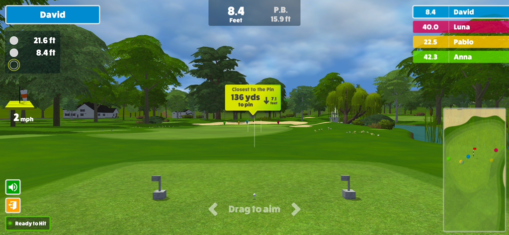 Gameplay of Awesome Golf Simulator showing a Closest to the Pin challenge on a virtual course with a leaderboard.