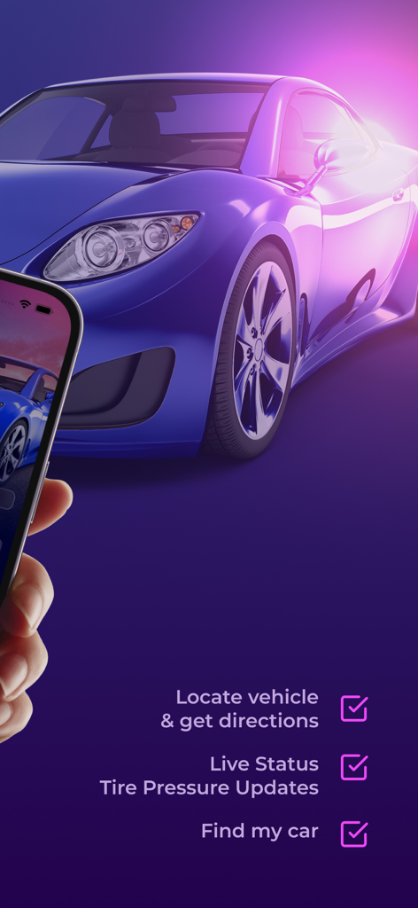 CarKey Digital Car Key Connect - Mano sosteniendo un smartphone mostrando las características de la aplicación CarKey, incluyendo la ubicación del vehículo y las actualizaciones de la presión de los neumáticos con un coche deportivo al fondo.