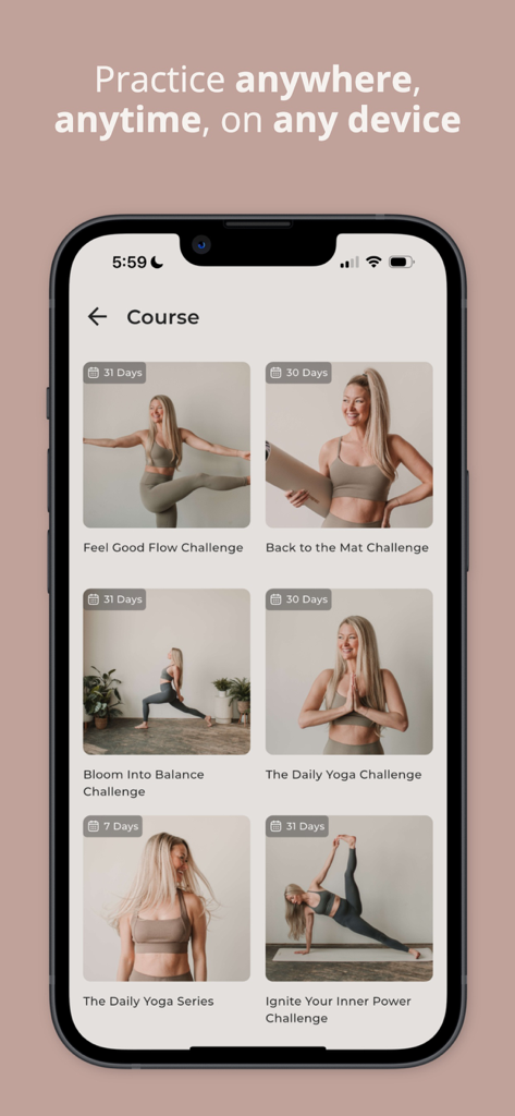 Yoga plus Mary app screen showing various yoga challenges