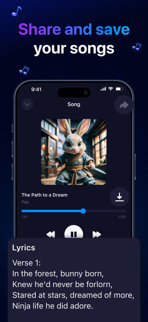 Muza AI: AI Song Creator - Muza AI app interface showing a music player with custom lyrics and an AI-generated ninja bunny song cover