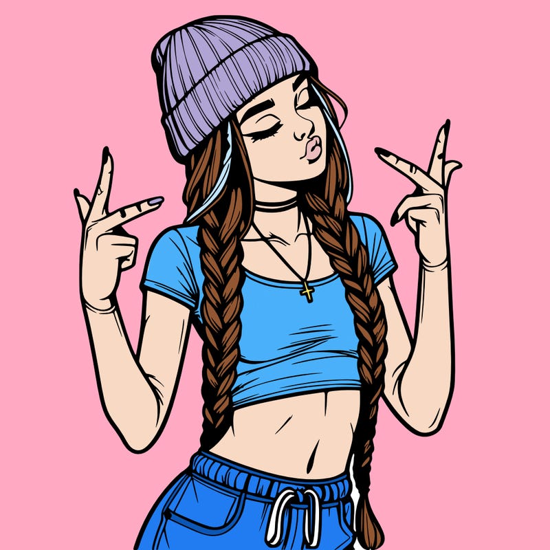 realistic teenage girl with braids and a beanie and crop top doing 🫶🏼