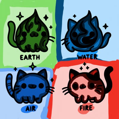 4 cats that represent the different elements, earth, water, air, and fire