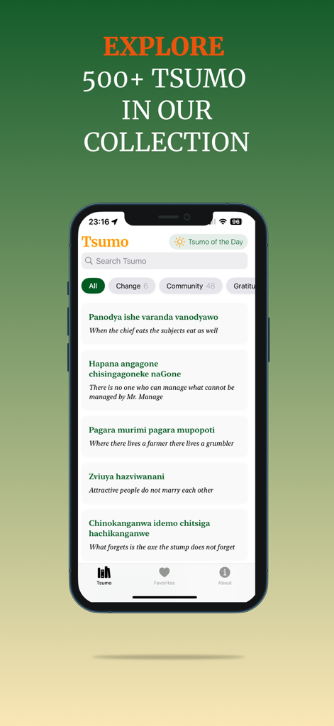 Interface of the Tsumo by NhakaBox app showing a list of Shona proverbs with English translations