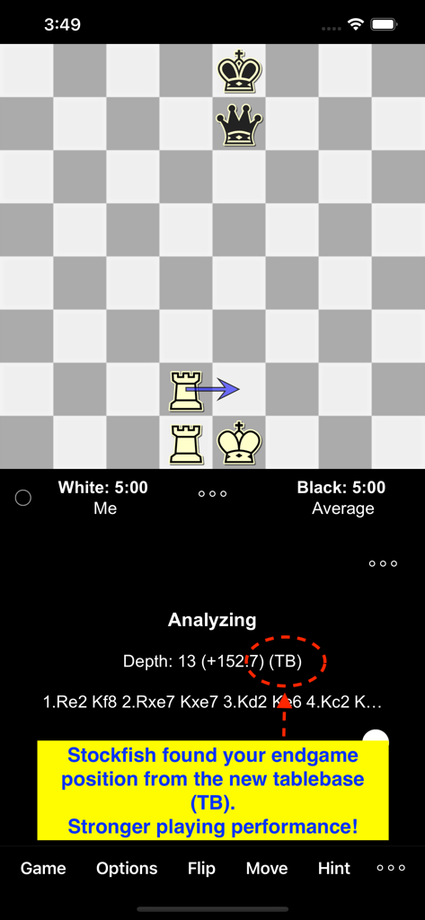 Chess Tablebase for Stockfish - Chess endgame analysis screen showing Stockfish engine using tablebase for better performance