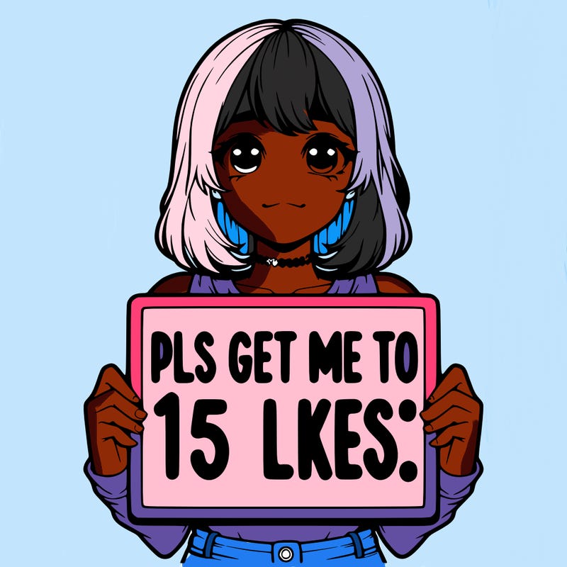 realistic girl holding up a sign that says “pls get me to 15 likes!”