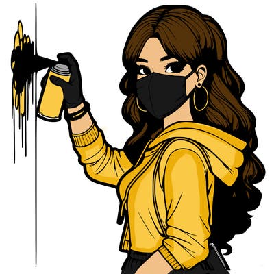 realistic girl with mask spray painting a wall