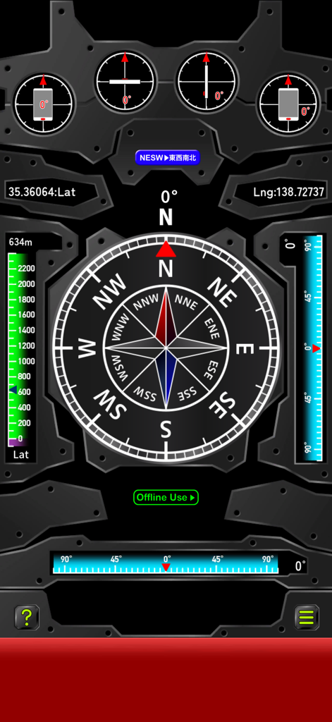 Interfaz de brújula digital de estilo mecánico con indicadores de altitud y nivel