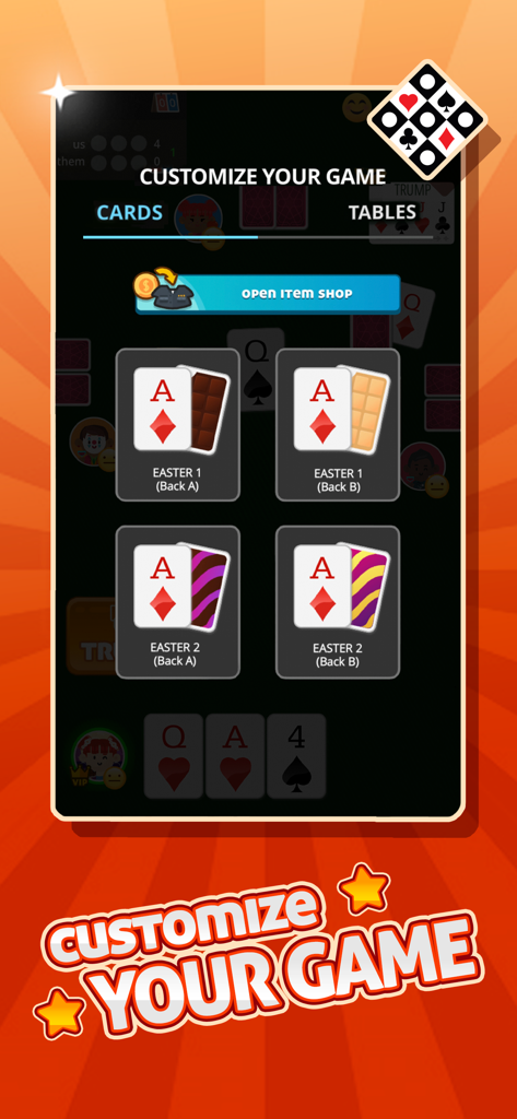 TRUCO GameVelvet - Card Game - Tela de personalização no TRUCO GameVelvet mostrando opções de verso de cartas
